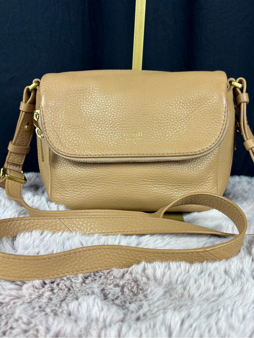 Fossil Preston Small Flap Crossbody Bag Camel Tan Pebbled Leather Messenger